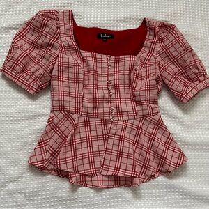 Lulu's Women's Cheer Up Red Plaid Puff Sleeve Button-Up Peplum Top Sz- Small